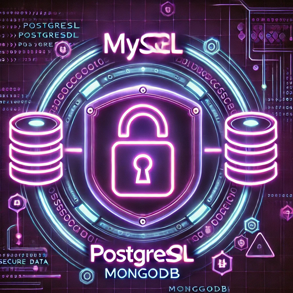 DALL·E 2025-02-17 00.42.52 - A cyberpunk-themed digital design with a purple background, featuring the words 'MySQL', 'PostgreSQL', and 'MongoDB' in glowing neon text. The backgro