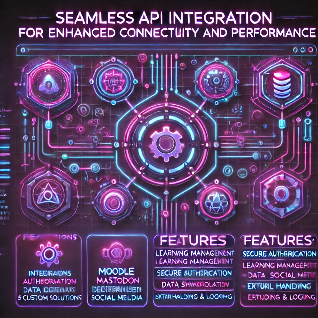 DALL·E 2025-02-17 00.59.19 - A cyberpunk-themed digital design with a purple background, featuring the heading 'Seamless API Integration for Enhanced Connectivity and Performance'